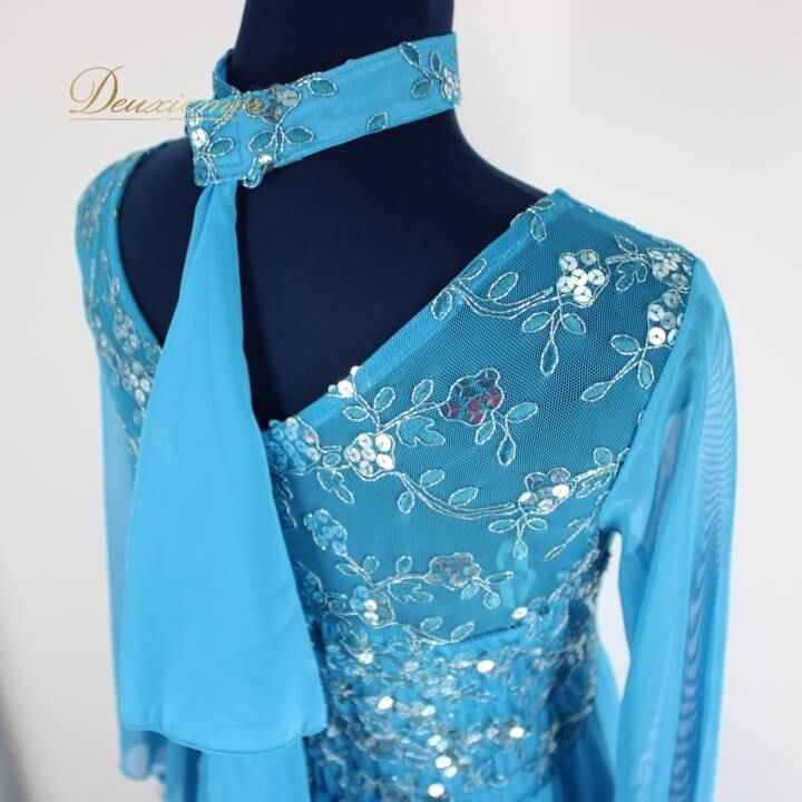 【美品 社交ダンス衣装】ワンピース ドレス leirena 水色 ライトブルー 社交ダンス 衣装 スタンダード ドレス ワンピース ステージ衣装