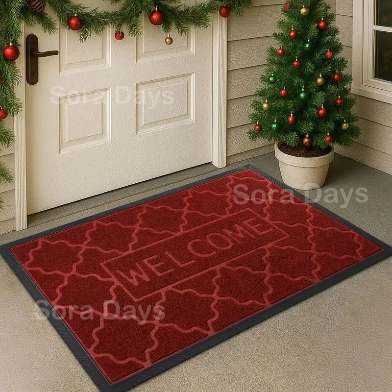 屋外ドアマット 玄関マット ウェルカムサイン ロゴ タイル柄 おしゃれ モダン インテリア 北欧 泥落とし 汚れ取り 吸水性 滑り止め 室内 エントランス 洗える 手洗い可 四角 レッド カーキ ダークグレー ラバー ゴム ポリエステル 60×90cm