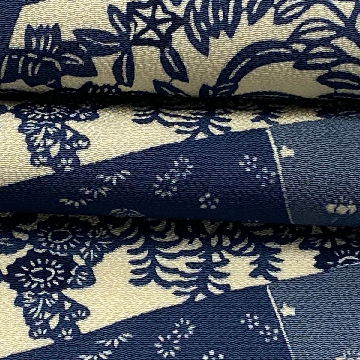 袋帯 美品 逸品 栗山吉三郎 落款 草花 扇 縮緬 青灰色 全通 正絹