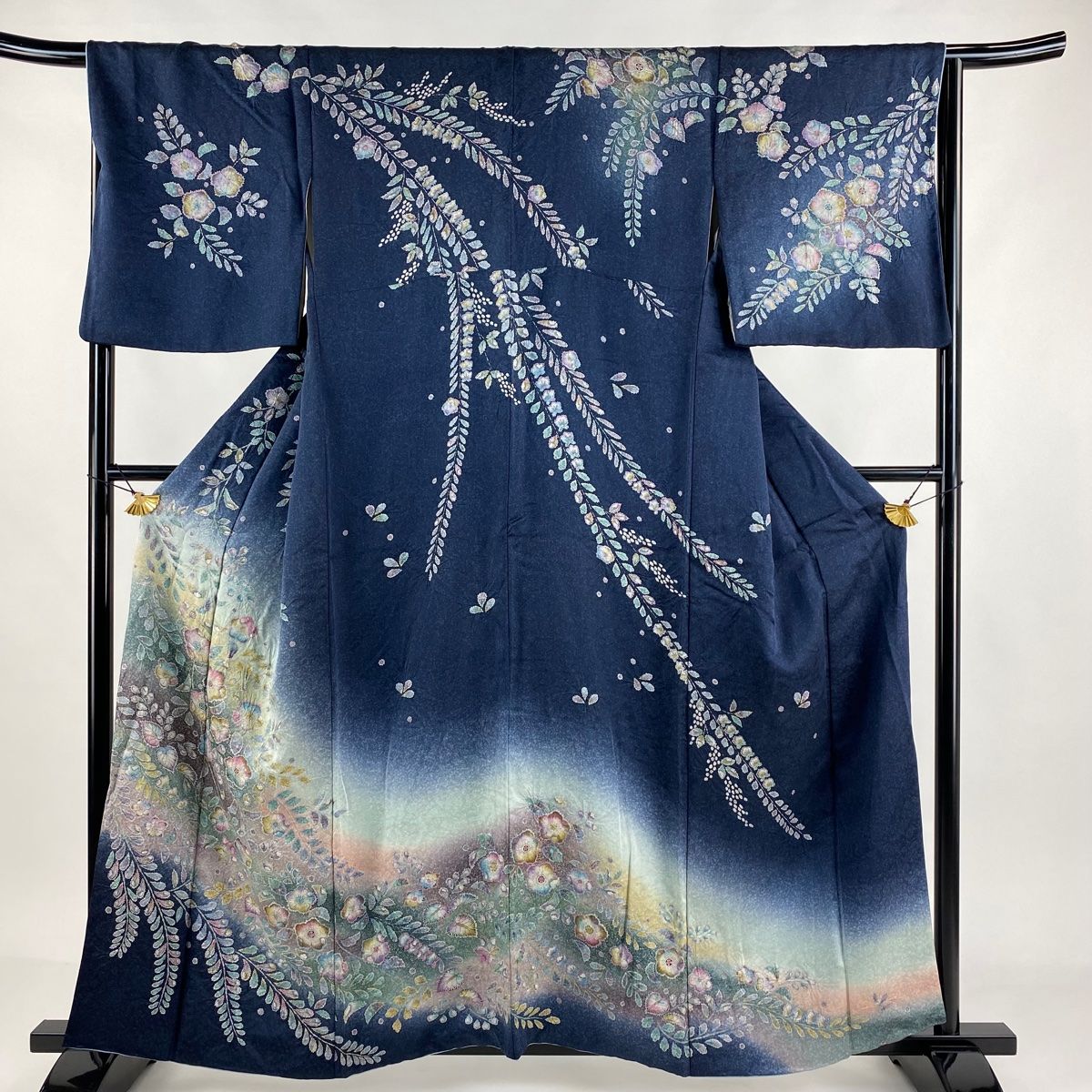 訪問着 身丈158cm 裄丈66.5cm M 袷 辻が花柄 霞 金彩 ぼかし 紺色 正絹 名品