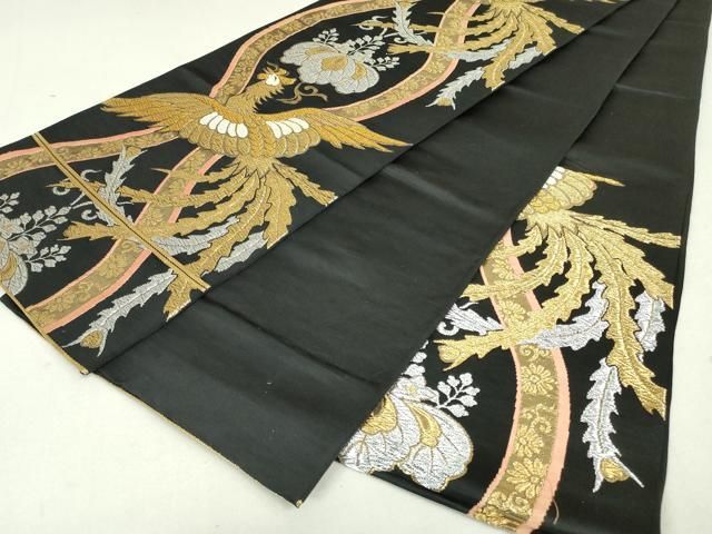 平和屋着物◎六通柄京袋帯 唐織 鳳凰花文 黒地 金銀糸 正絹 逸品
