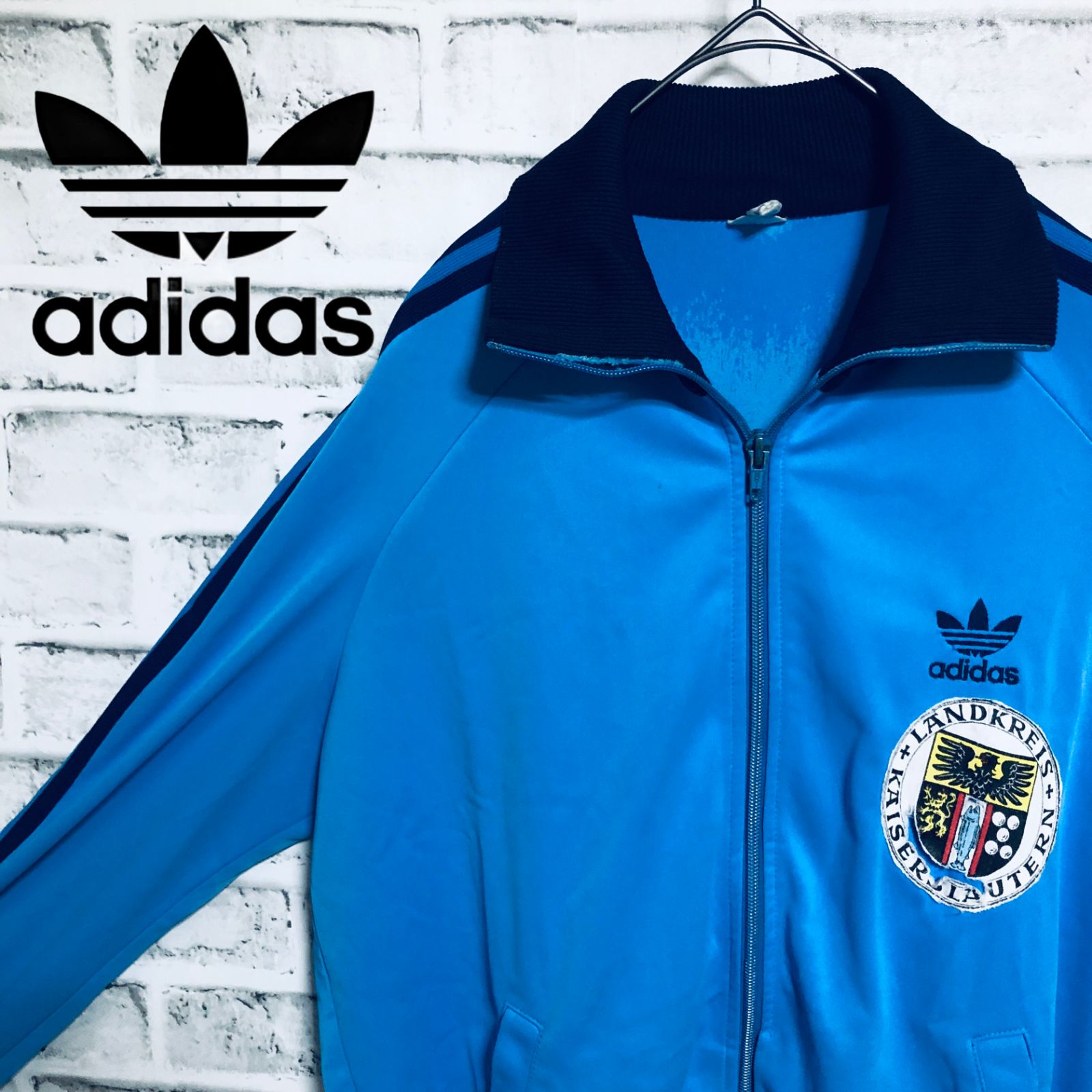 70s 80s ??adidas トラックジャケット/ジャージ L 刺繍ロゴ ブルー 