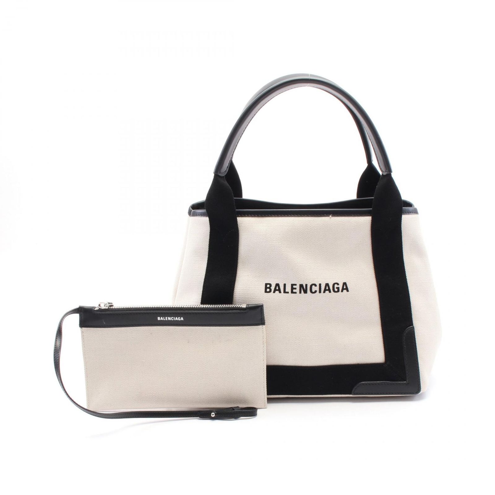 バレンシアガ BALENCIAGA トートバッグ NAVY CABAS S ネイビーカバ 339933 ブラック|ホワイト キャンバス レザー ネイビーカバス S レディース Used A