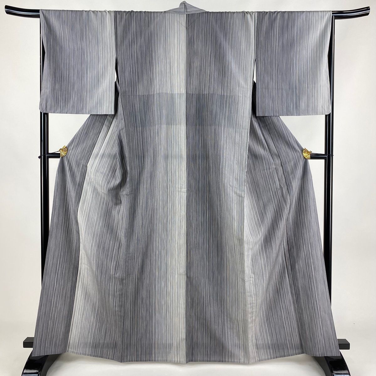 お召 身丈164.5cm 裄丈67.5cm L 単衣 縦縞 灰紫 正絹 名品