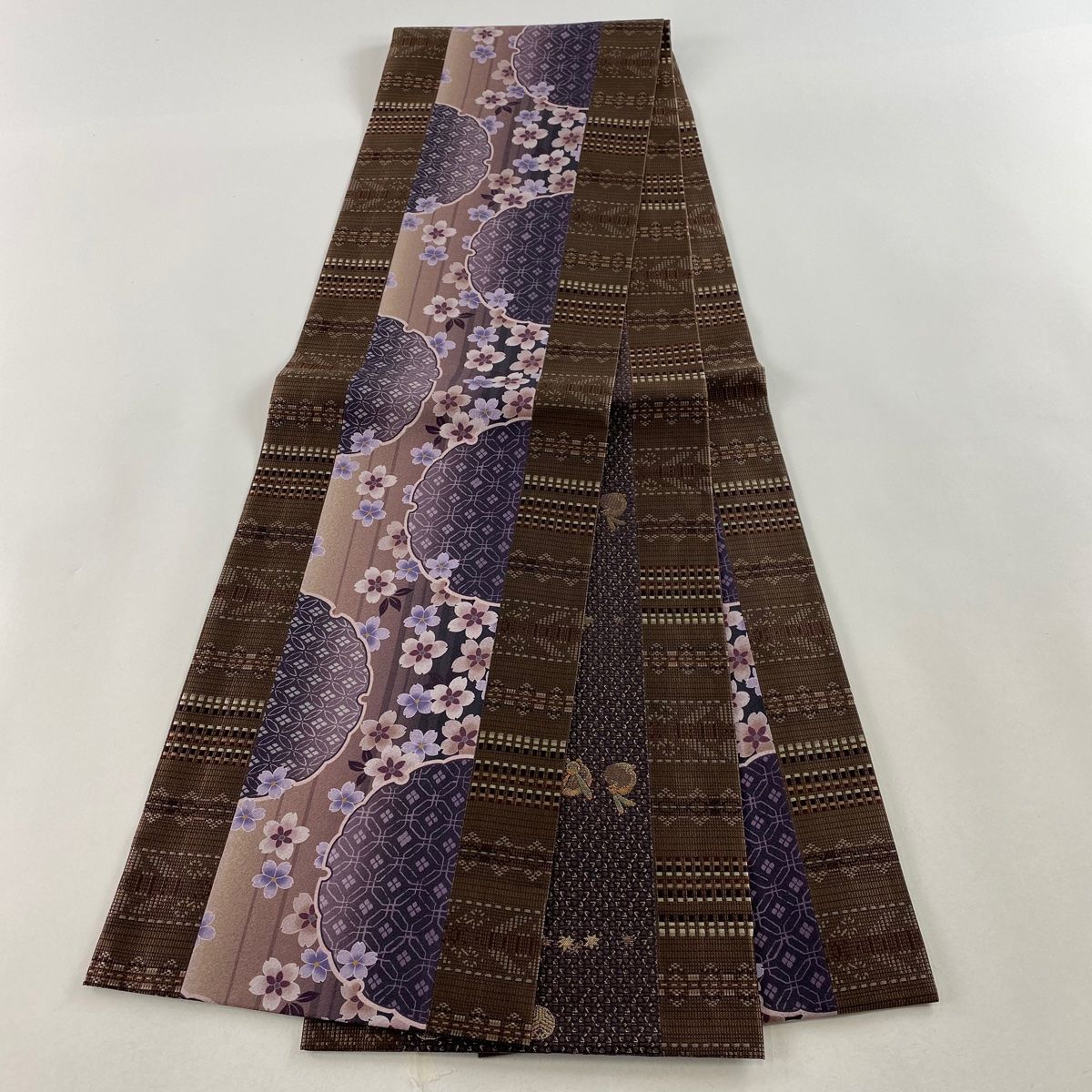 袋帯 美品 名品 やまと リバーシブル 桜 雪輪 茶紫 全通 正絹