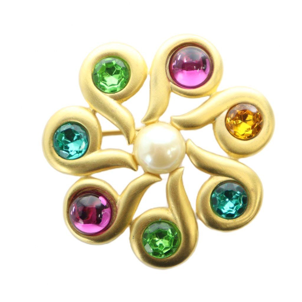 ジバンシィ GIVENCHY ヴィンテージ ピンブローチ アクセサリー カラーストーン ビジュー フェイクパール ゴールドカラー 金色 GY18 |MQ