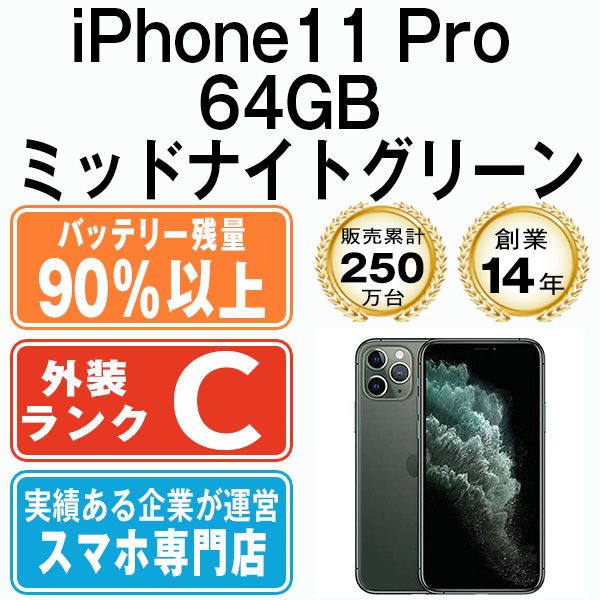 バッテリー90%以上 【中古】 iPhone11 Pro 64GB ミッドナイトグリーン SIMフリー 本体 スマホ iPhone 11 Pro  アイフォン アップル apple 【送料無料】 ip11pmtm1135b - メルカリ