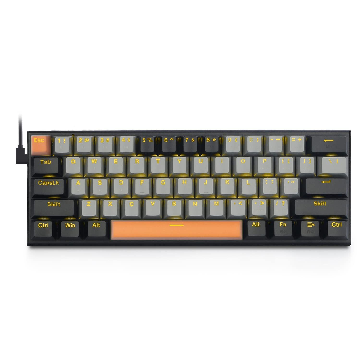 【在庫セール】Windows/Macに対応ゲーム用キーボード USB有線英語配列 60％小型コンパクトキーボード (グレー+ブラック，赤軸) 黄色のLEDバックライト付き 赤軸を採用のゲーミングキーボード e