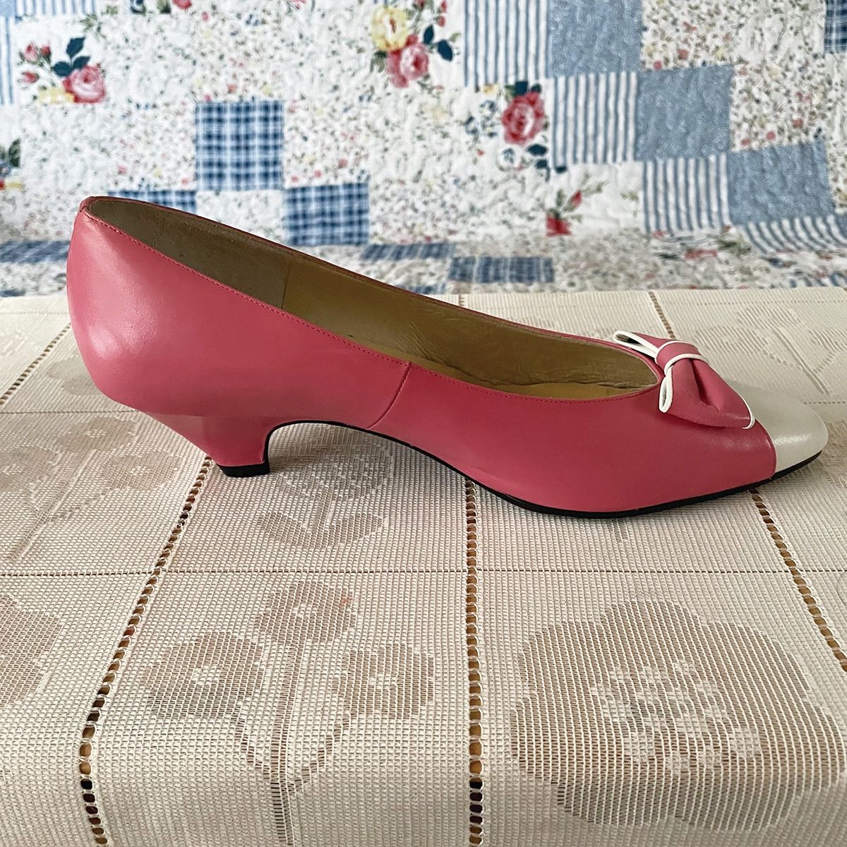 70s ピンク×ホワイト リボン ヒール パンプス 23.5cm 昭和レトロ ヴィンテージ靴