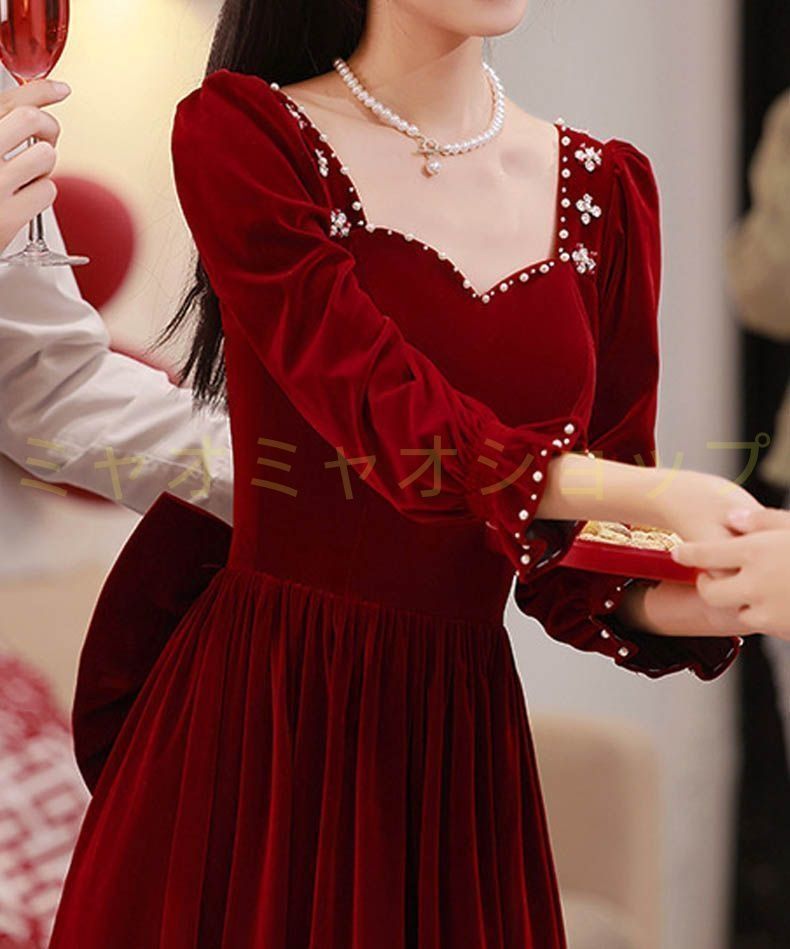 ベーシック カラードレス Aラインドレス 袖あり 長袖 ベルベット ロングドレス 赤 レッド ウェディングドレス 結婚式 二次会 花嫁 前撮り 演奏会 発表会 ステージ衣装 パーティードレス 1249 ブーツ