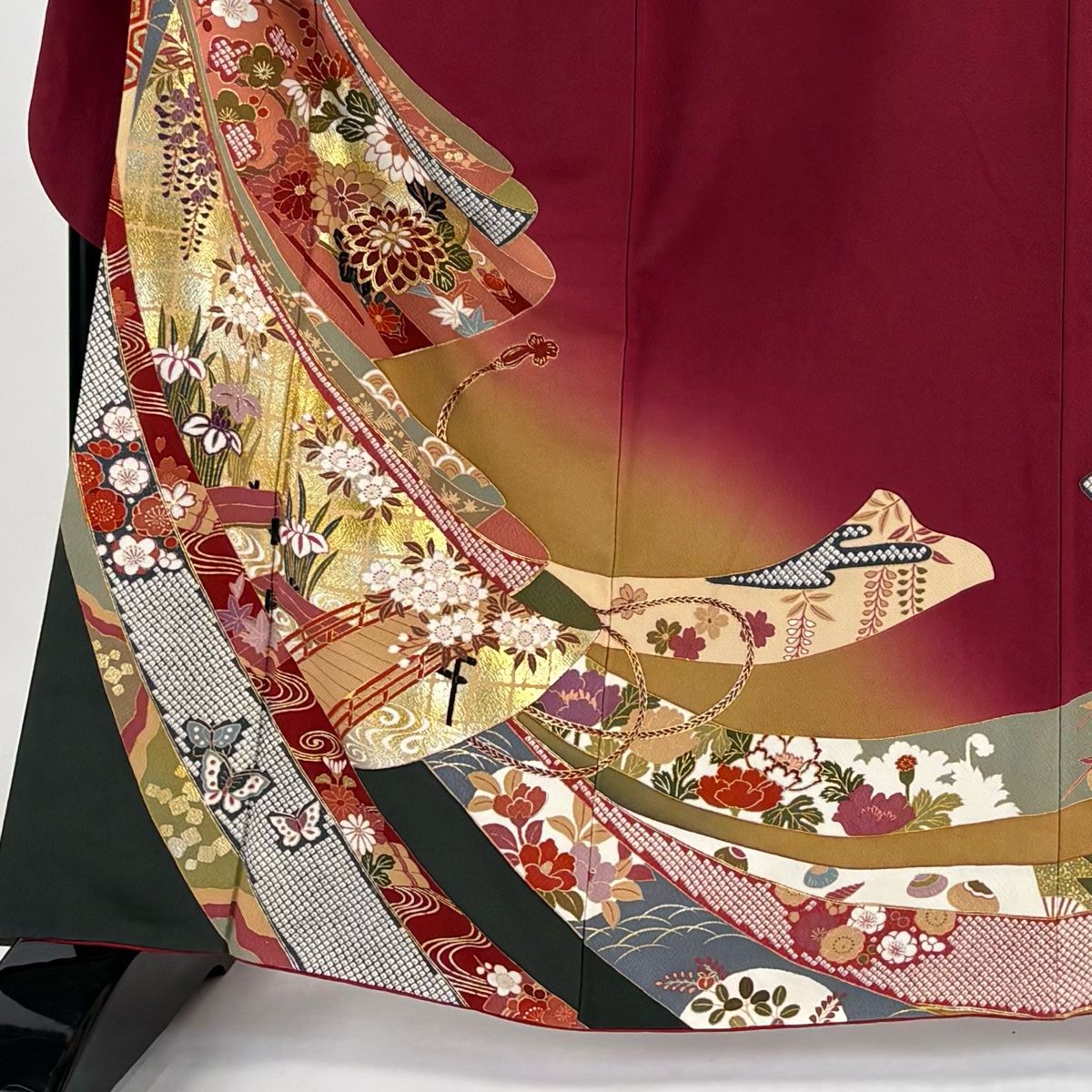 振袖 身丈162cm 裄丈68cm L 袷 橋 草花 金糸 金彩 えんじ色 正絹