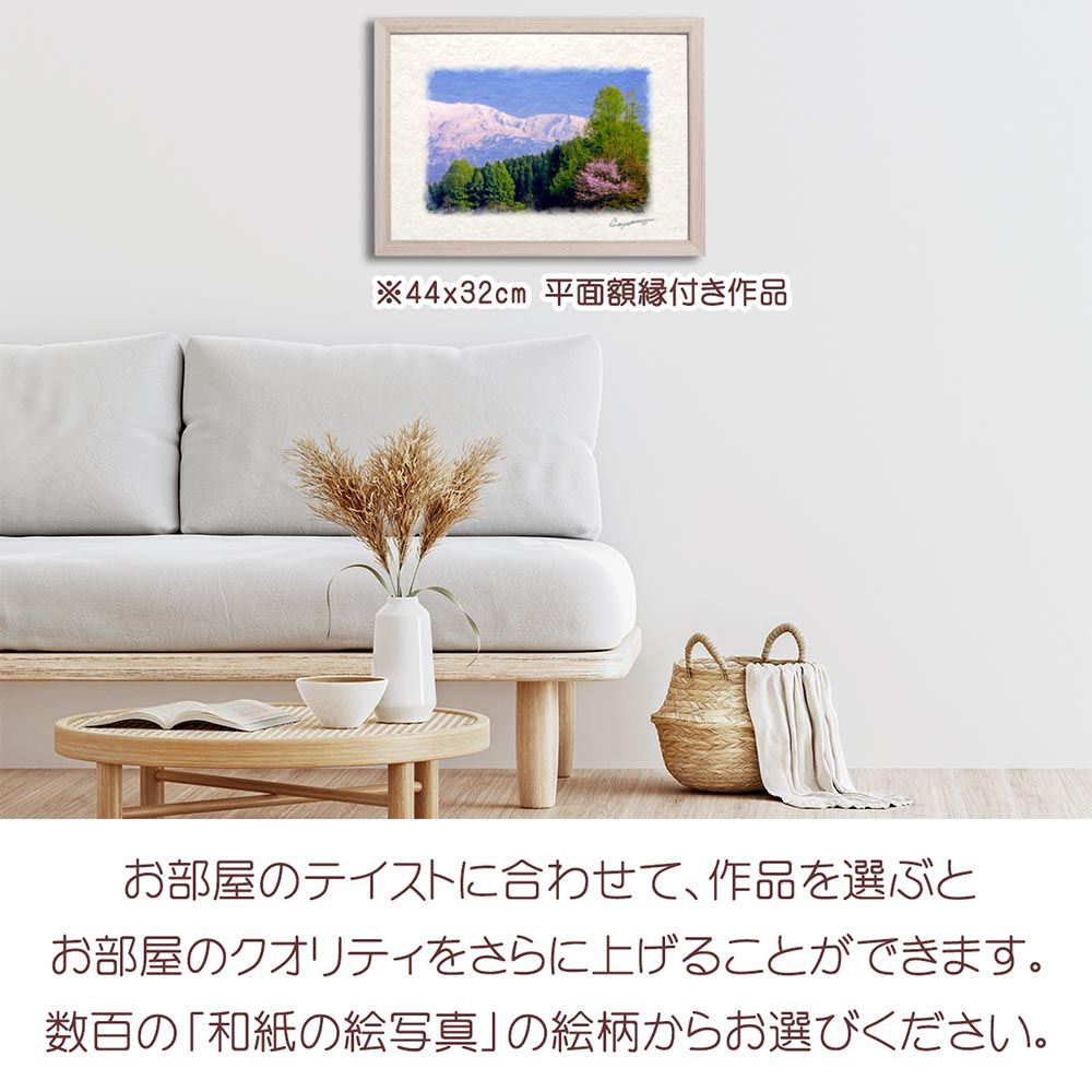 にしじま 和紙の絵写真 「残雪の北アルプスと新緑のカラマツと山桜」 平面額縁