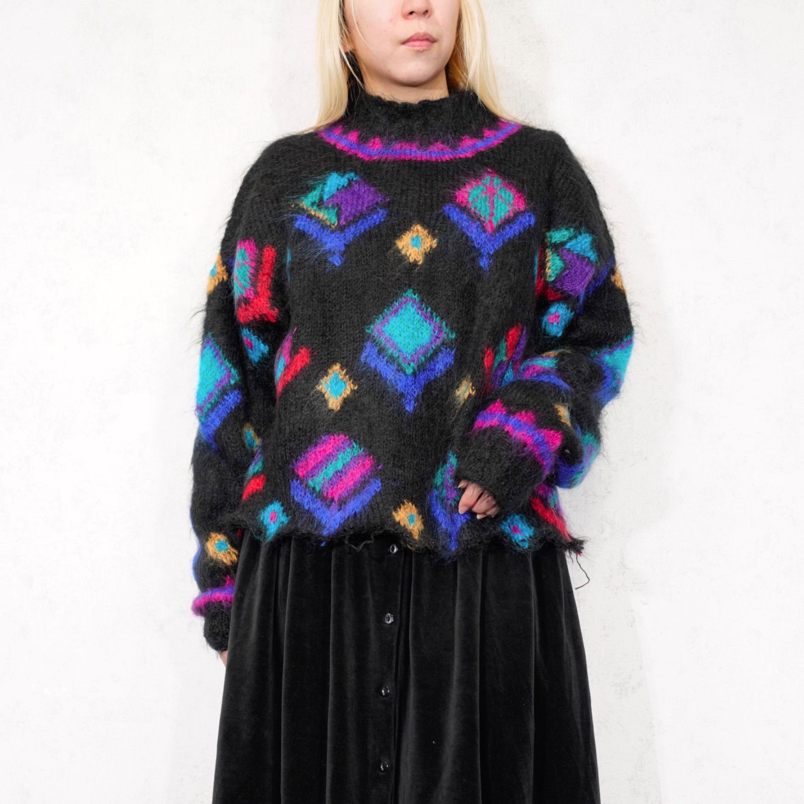 EU VINTAGE ICELANDIC DESIGN PATTERNED LONG MOHAIR KNIT ヨーロッパ古着柄デザインロングモヘアニット