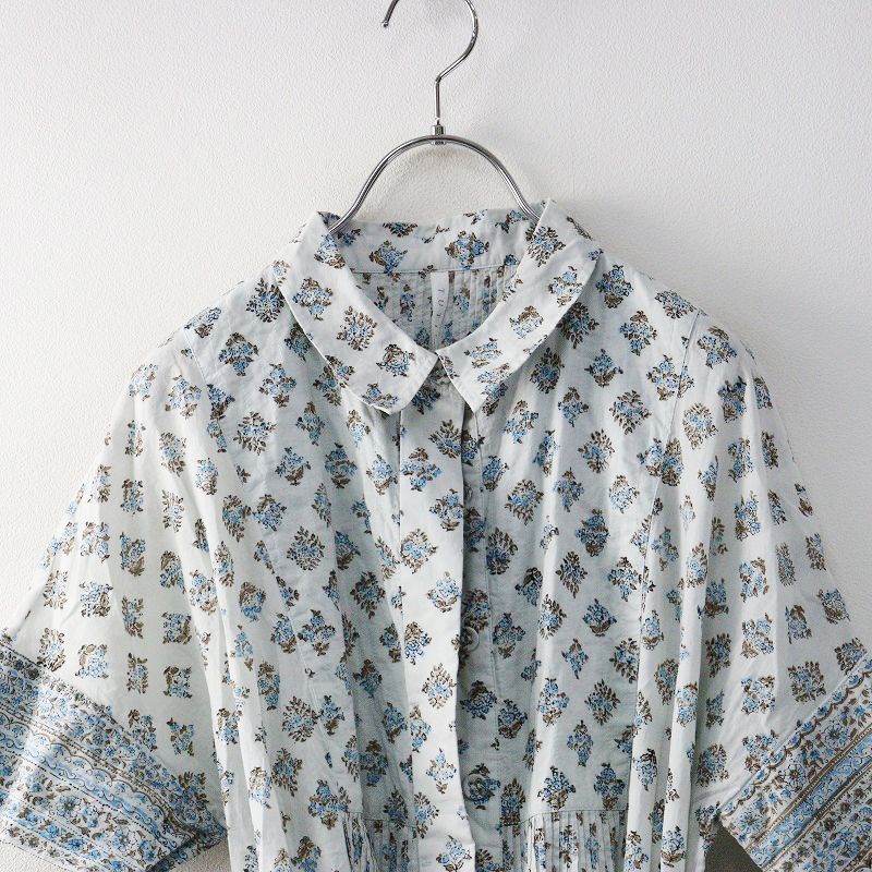 ナチュラン ツチエ TUTIE インド綿花柄プリントインナー付き ロングシャツワンピース‖サックス ドレス ピンタック