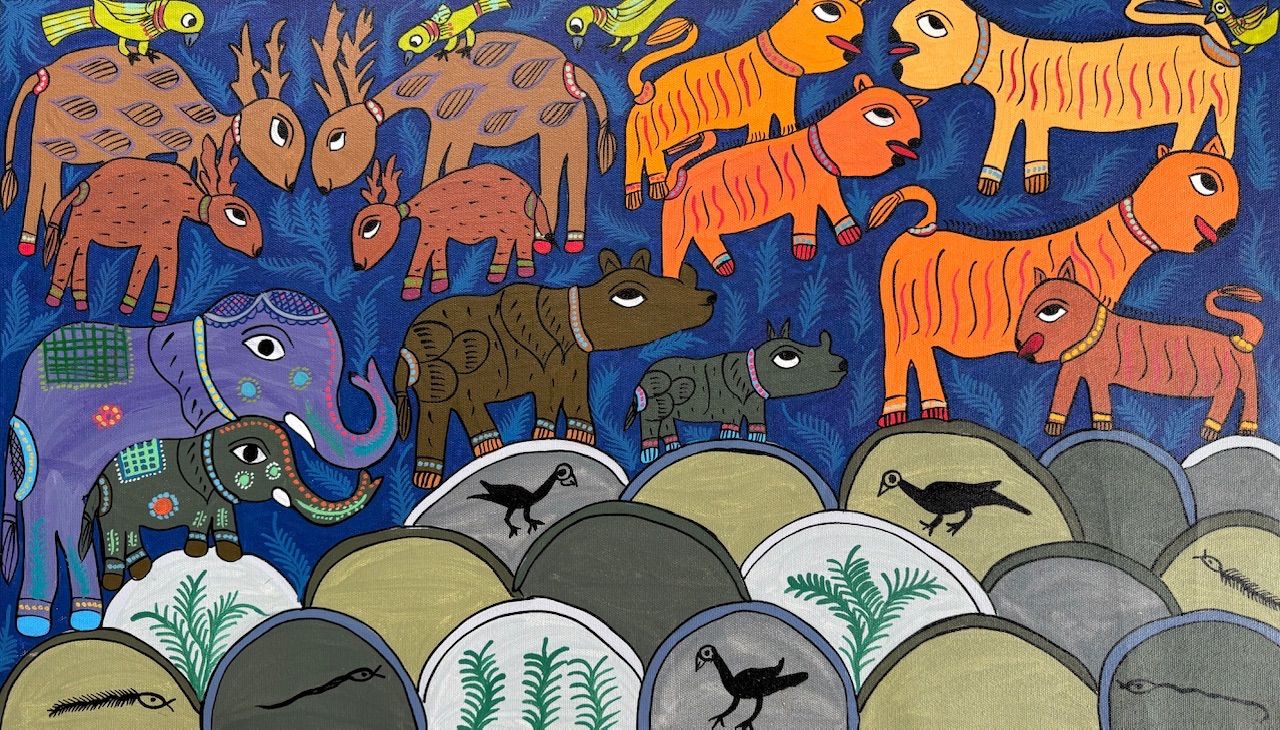 ミティラー マドゥバニ インド ネパール 象 花 鳥 サイ ミティラー画