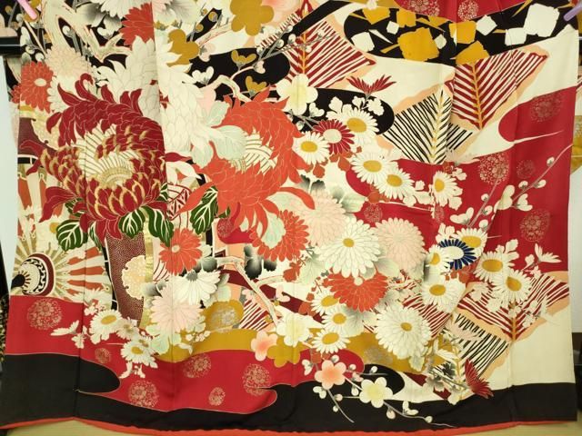 平和屋本店□極上 アンティーク 大正ロマン 振袖 刺繍 花車 乱菊 金糸