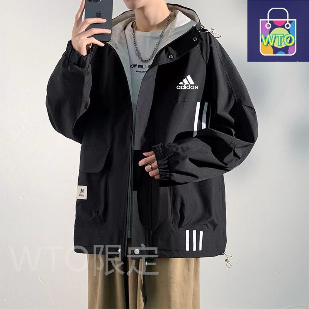 アディダス Adidas 春と秋の新モデルのレジャージャケット 男性用 どんなものにもマッチする通気性のあるアウタージャケット アメリカンスタイルのフード付きで 感あふれる レラックスフィットのライダージャケット -WTO輸入1