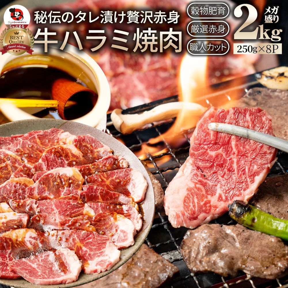 牛ハラミ焼肉（タレ漬け）2kg（250g×8）タレ赤身はらみ秘伝焼肉やきにくハラミアウトドアお家焼肉BBQキャンプキャンプ飯まとめ買い割引