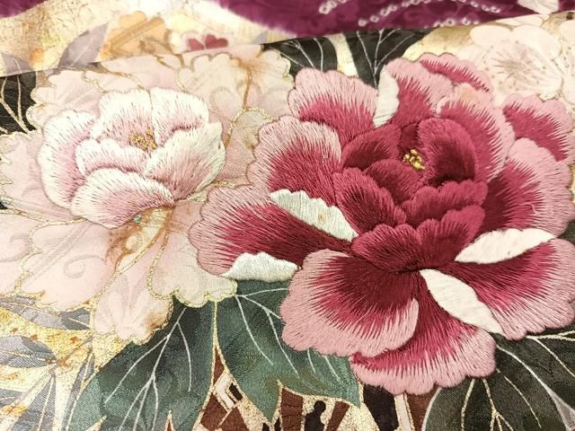 平和屋着物●豪華振袖　駒刺繍　絞り　花車文　金彩　ロング丈　正絹　逸品　AABC0673ph 平和屋着物○豪華振袖 駒刺繍 絞り 花車文 金彩 ロング丈 正絹 逸品