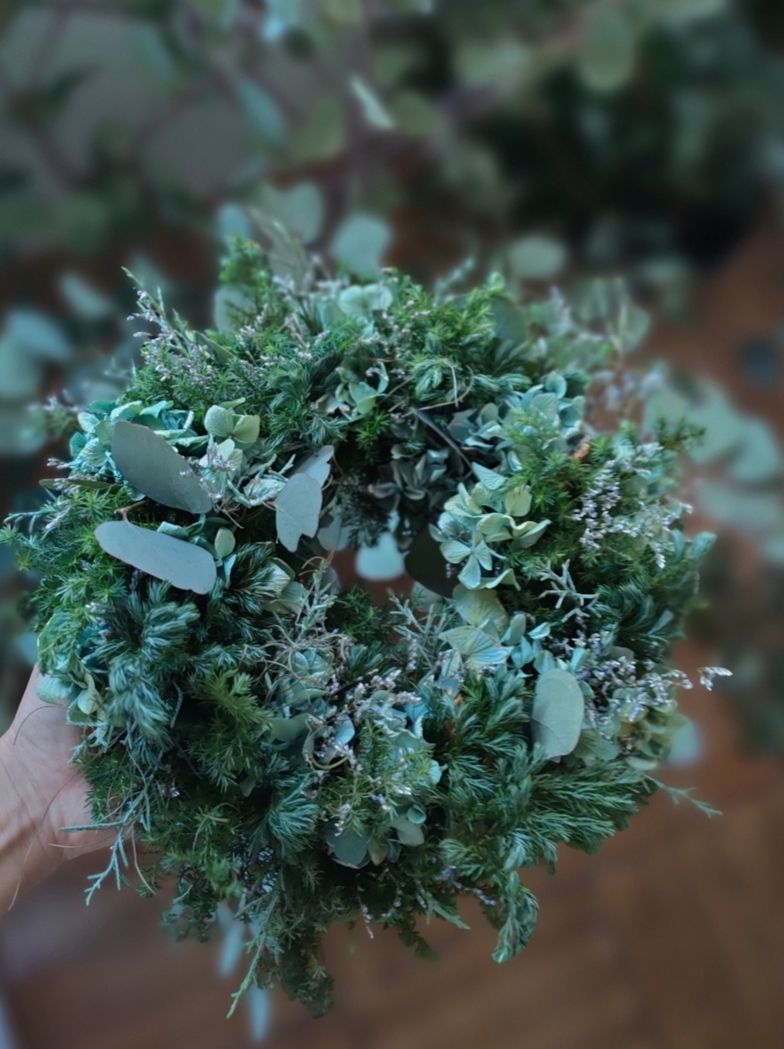 34cm/ブルーバードと紫陽花のXmasリース/グリーンリース/ドライフラワー