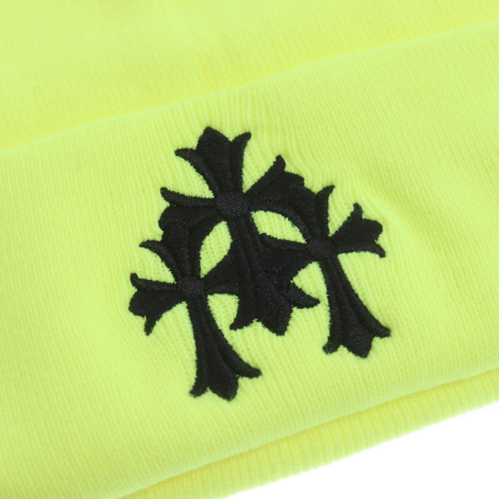 CHROME HEARTS (クロムハーツ) WATCH CAP TRIPLE CROSS BEANIE NEON YELLOW ワッチキャップ セメタリークロス刺繍ビーニーニットキャップ イエロー