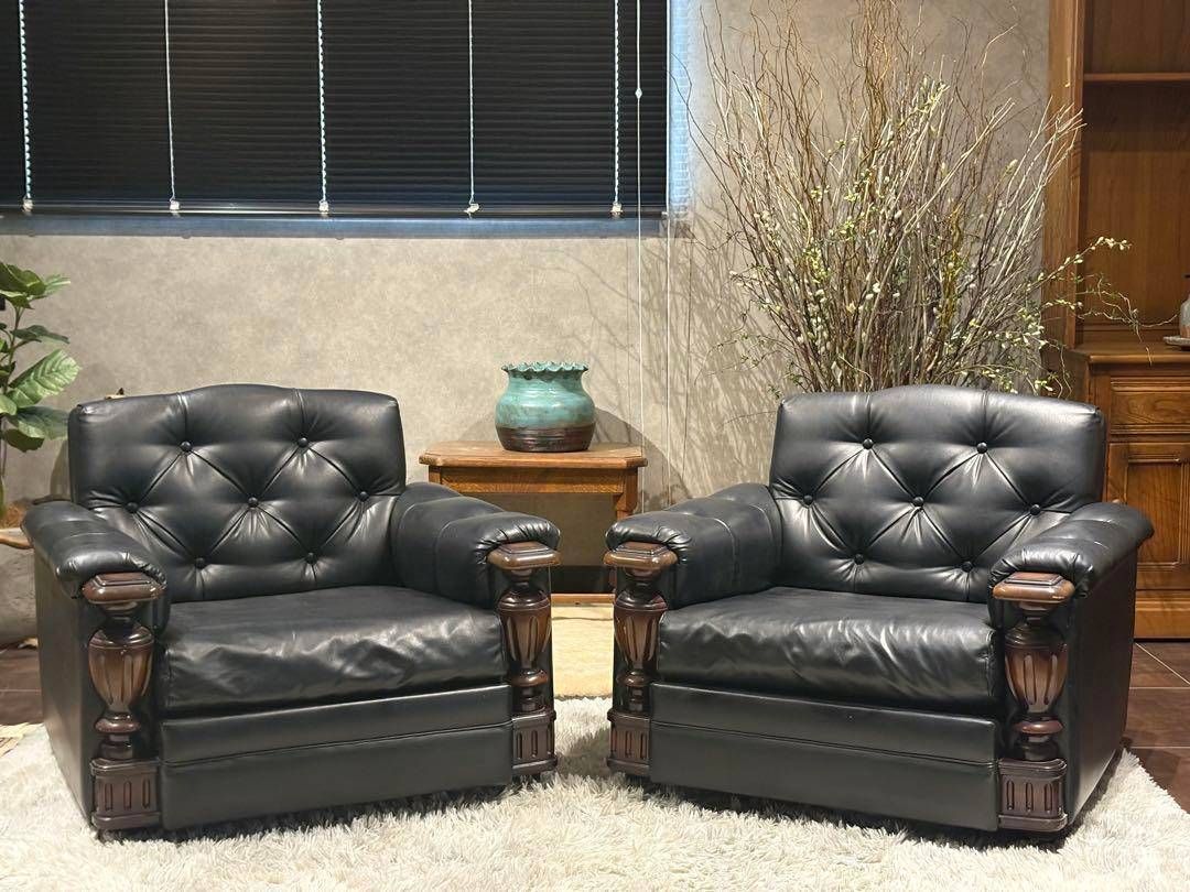 ②karimoku カリモク レザーソファ 本革 リベット打ち アンティーク G