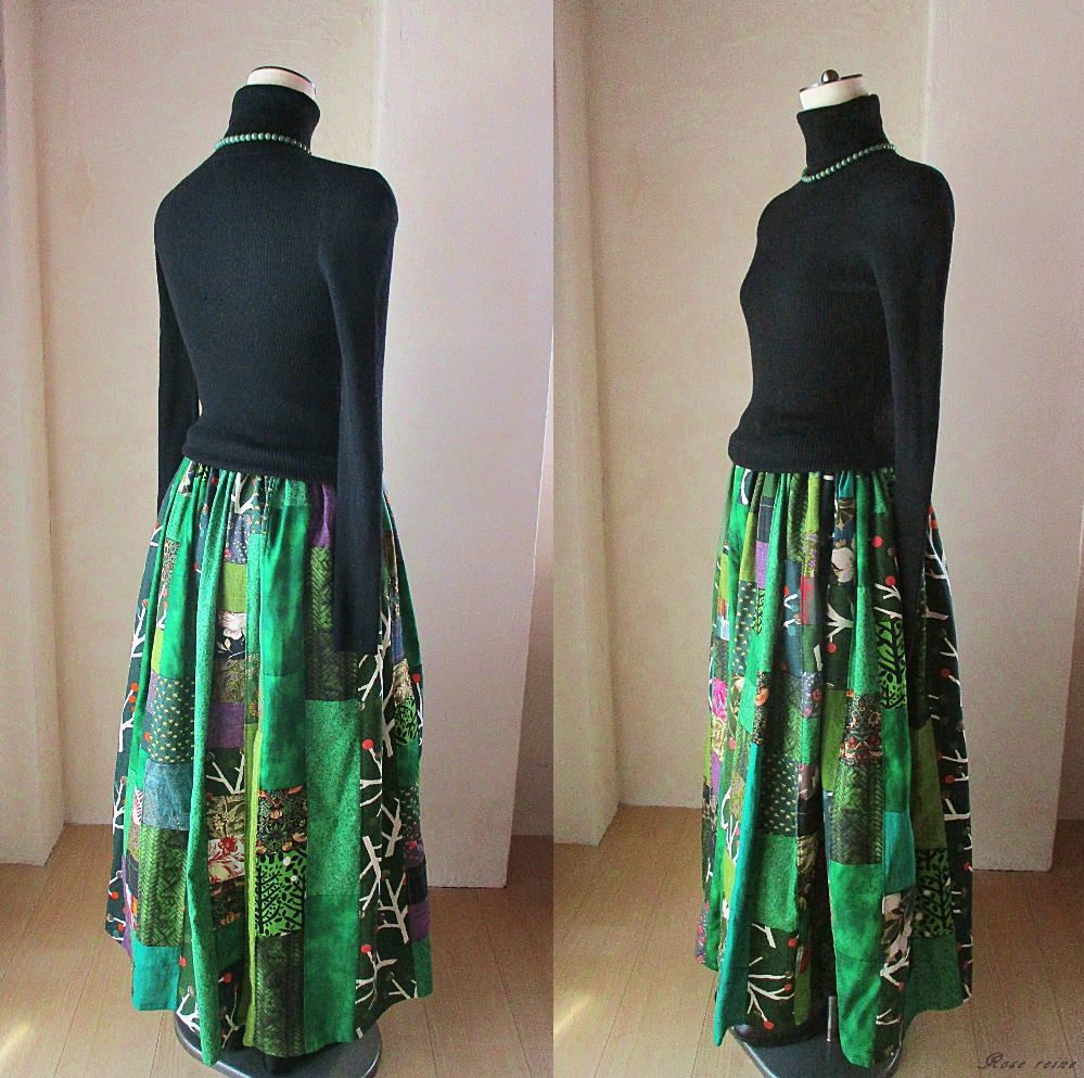 絵画なパッチワーク エメラルドグリーン ふんわりギャザースカート  