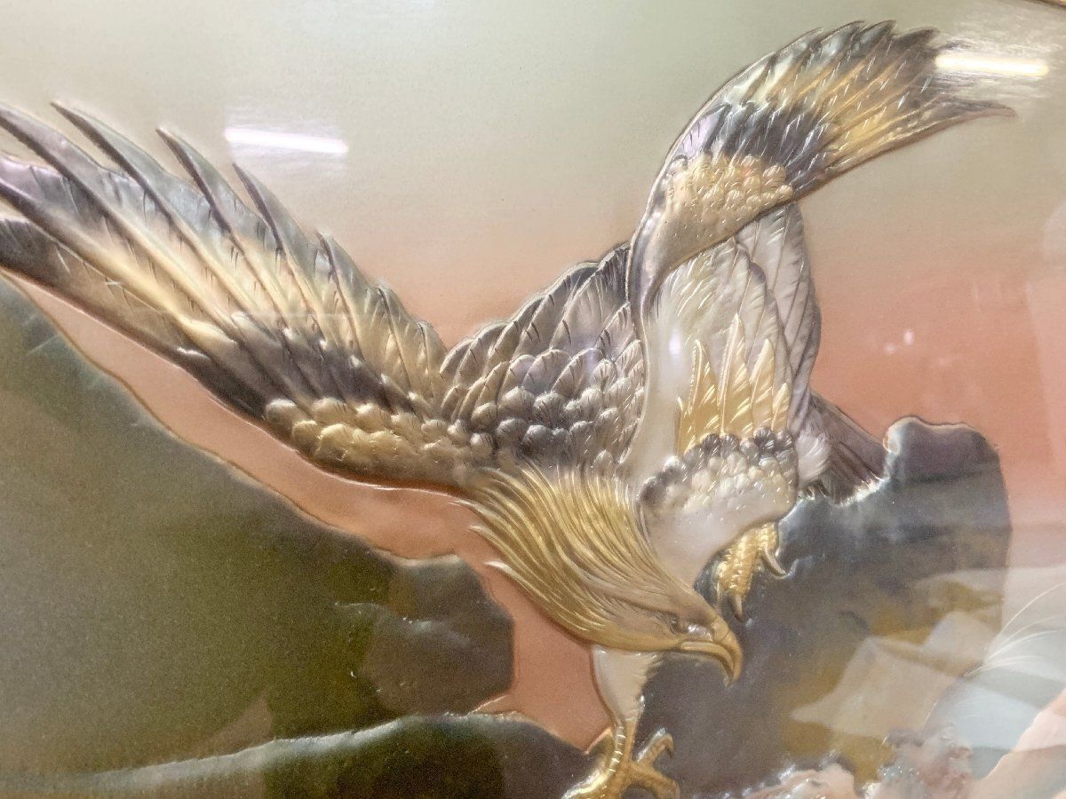 額装 銅板彫金 光亭 鷹 ◇北秀玉 鷹 銅板 彫刻 パネル 金属工芸 彫金画 額装 壁掛け