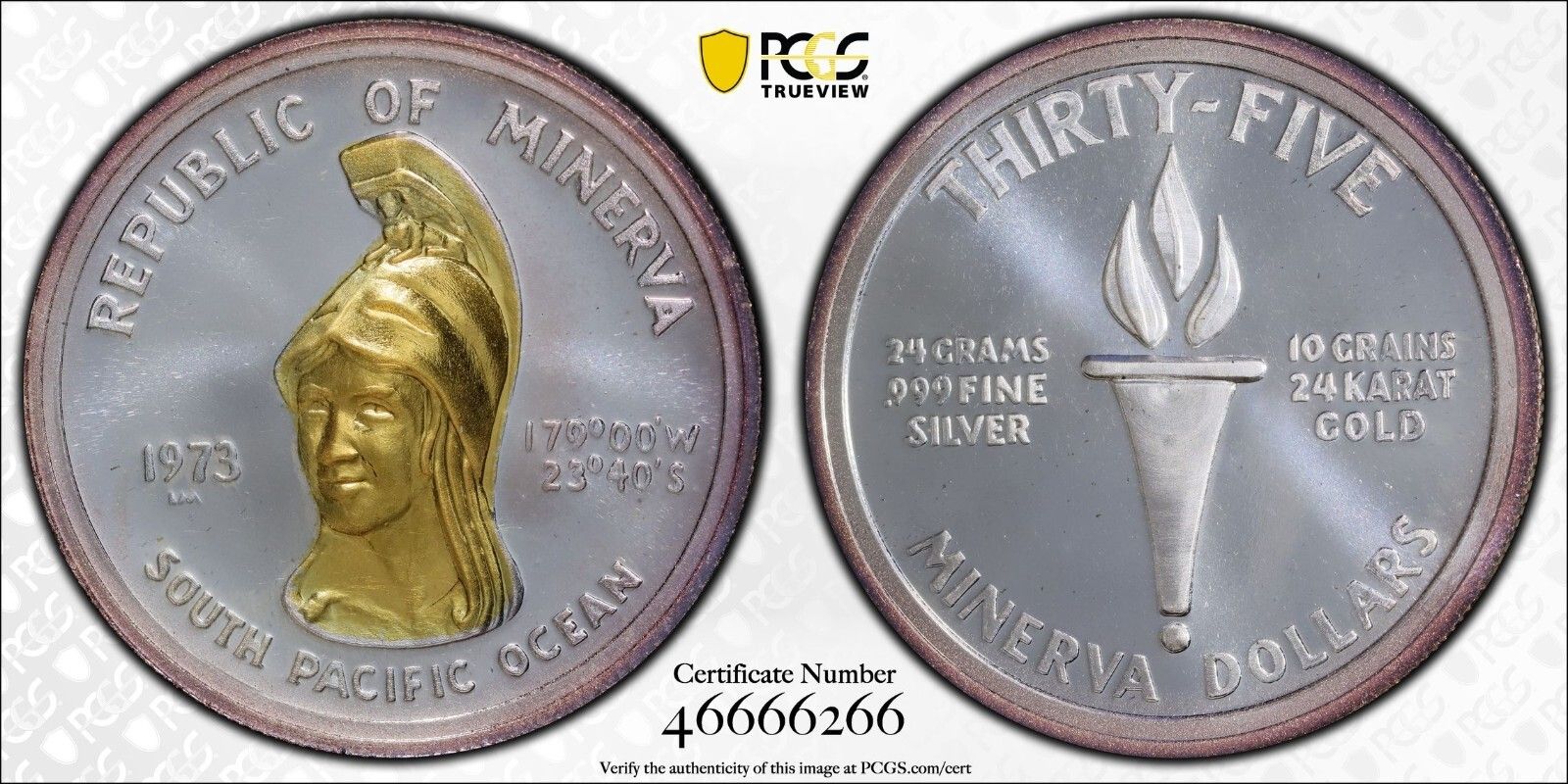 1973Minerva 35 dollars X1 Fantasy Torch Helmeted Woman PR67CAM PCGS silver coin