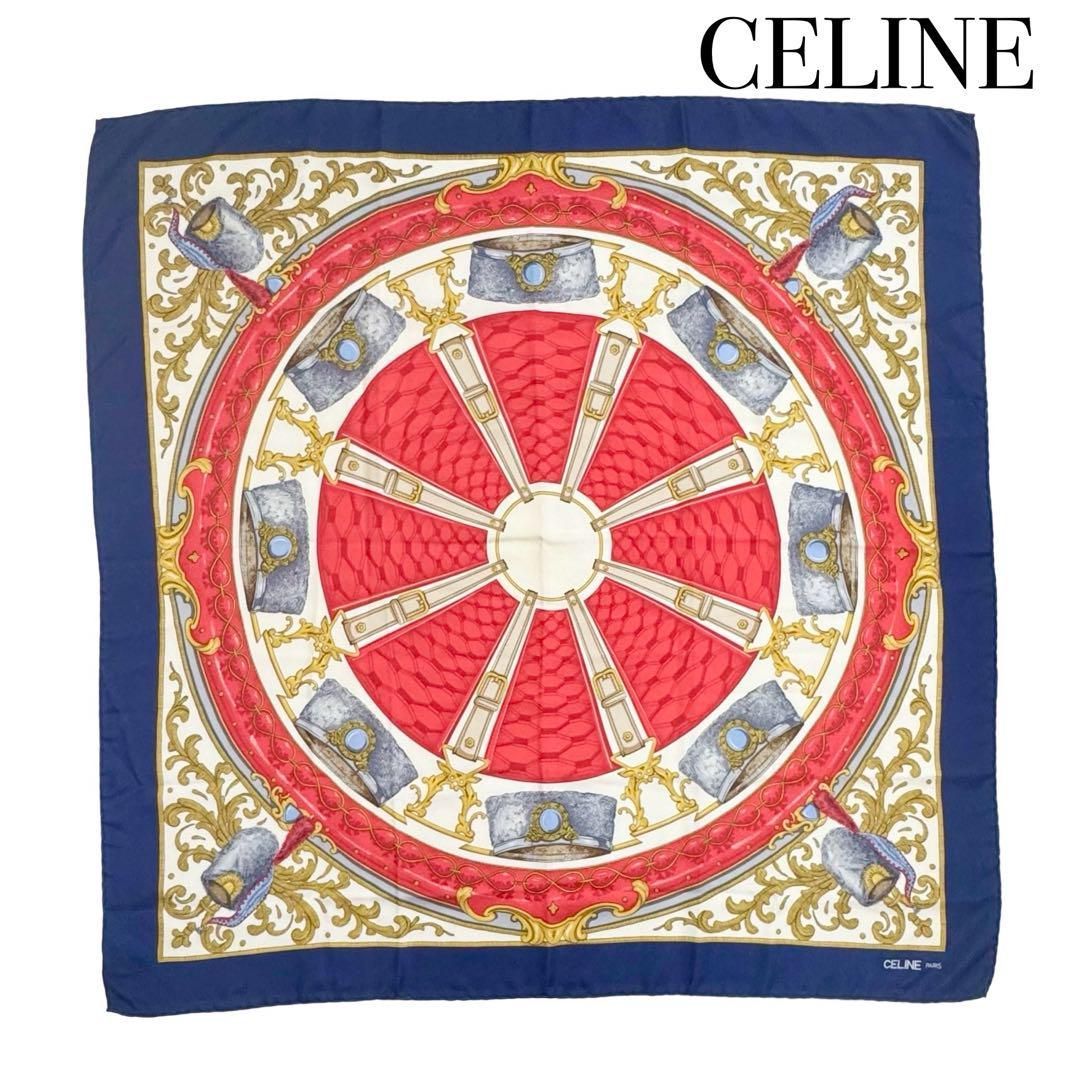 CELINE イタリア製 大判 スカーフ レッド ネイビー 総柄 シルク CELINE セリーヌ 大判 シルクスカーフ 総柄 イタリア ネイビー