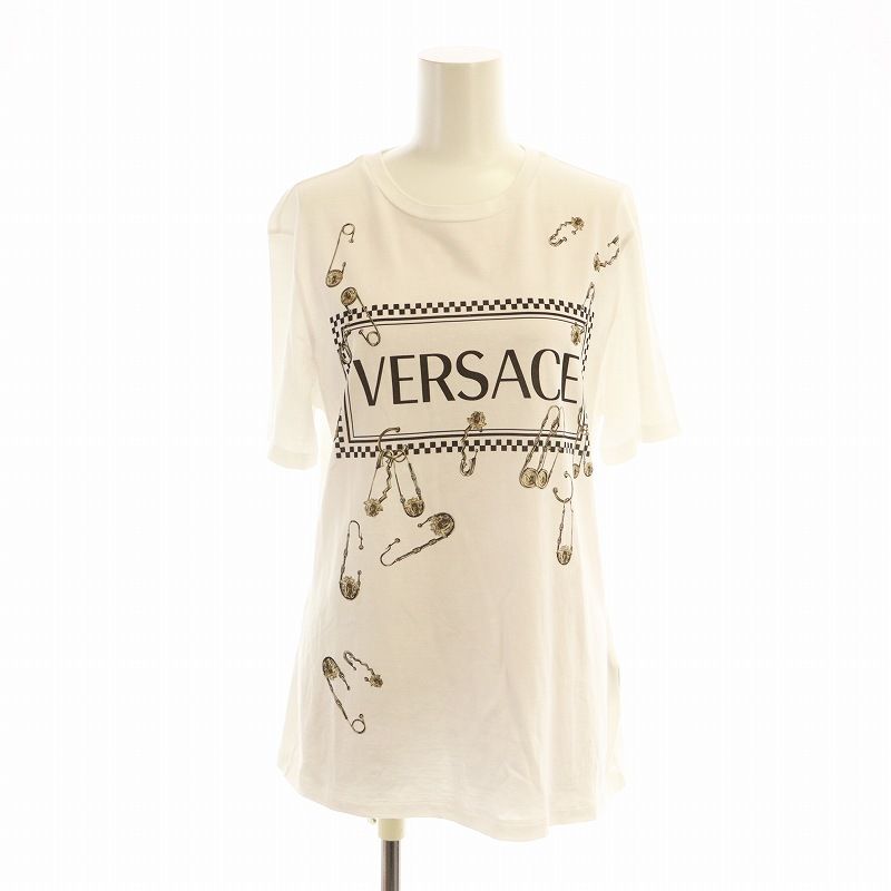 ヴェルサーチ ヴェルサーチェ VERSACE Tシャツ カットソー 半袖 プリント ロゴ メデューサ 安全ピン 38 XS 白 ホワイト A83849 ヴェルサーチ ヴェルサーチェ VERSACE Tシャツ カットソー 半袖