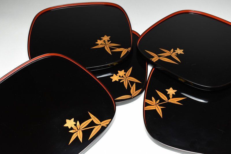 蔵A5051f 輪島 笹りんどう蒔絵 卓上膳 盆 五客 共箱