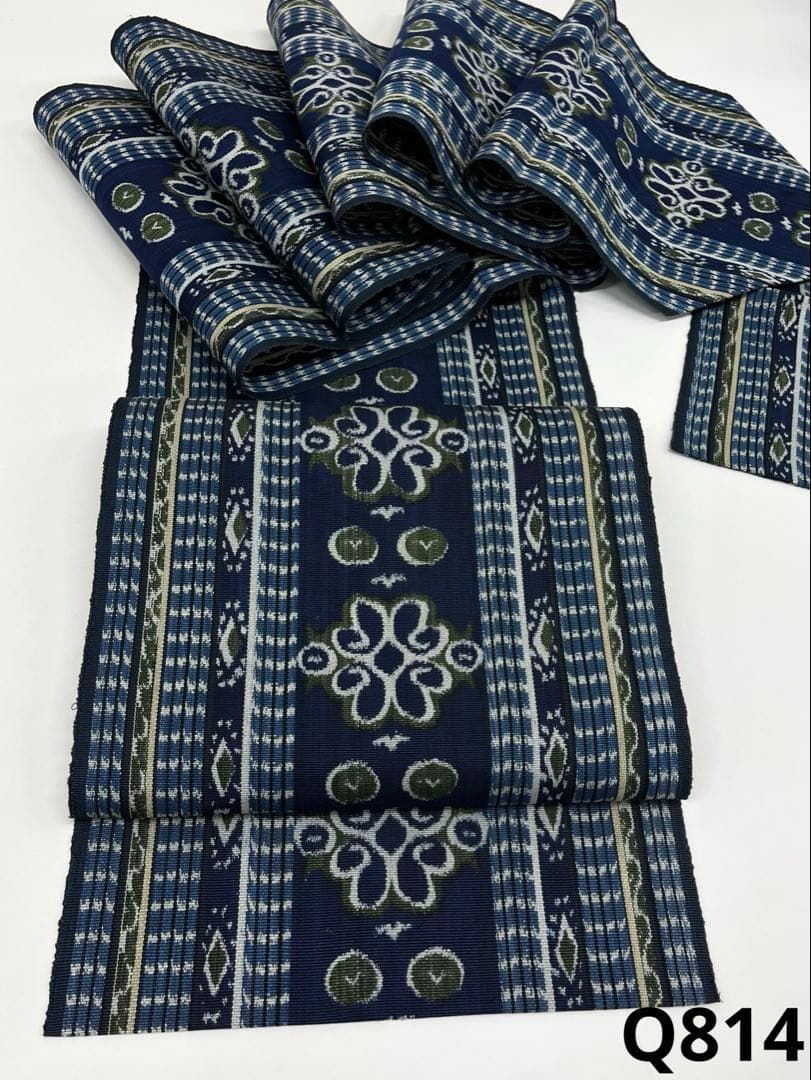 イカット インドネシア 八寸名古屋帯 松葉仕立て 藍 絣 正絹