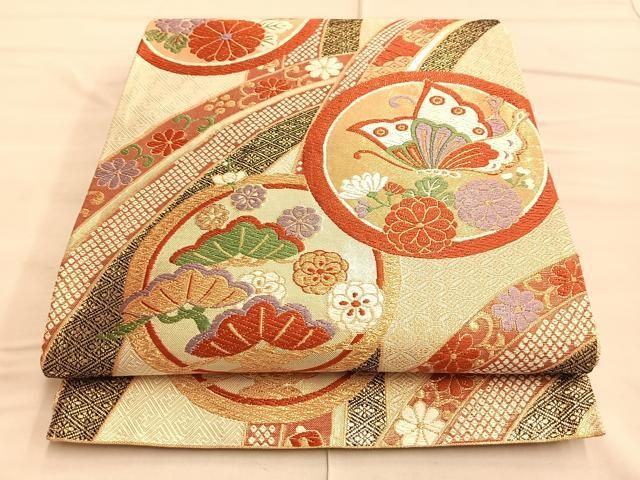 平和屋1□極上 夏物 銀座 きしや 太鼓柄袋帯 花唐草丸文 金銀糸 逸品  