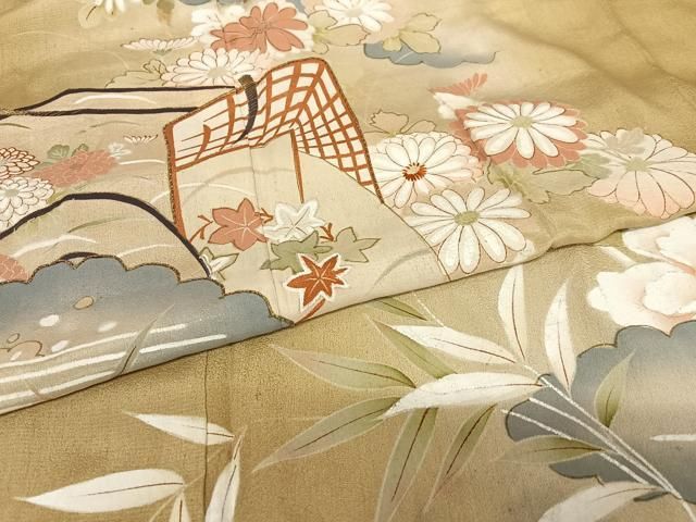 平和屋着物○アンティーク 大正ロマン 小振袖 二尺袖 駒刺繍 御所車花