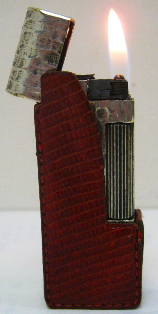 美品 スイス製 ダンヒルDUNHILLライター シルバー+ブラック 赤革ケース 