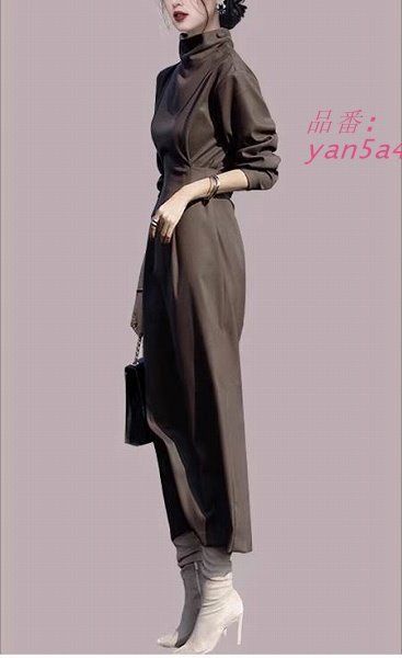 大人ワンピース シックな装い 大人かっこいい ミモレ丈 長袖 オフタートル 送料無料20代30代40代50代60代 細く見える ウエストシェイプ yan5a447498