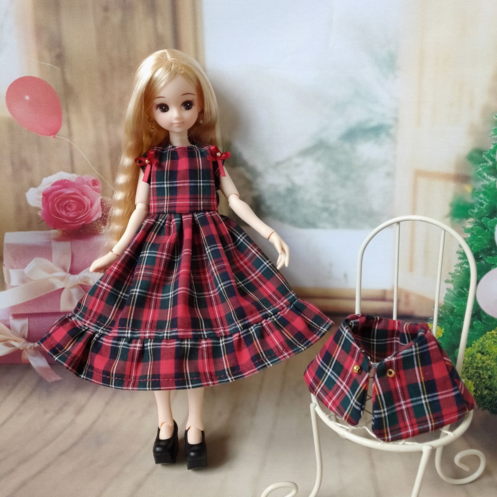 あき　りかちゃんジェニー服　ヴィクトリアン桜+薔薇&テディベアチェック柄 リカちゃん服ジェニーちゃん服077 - メルカリ