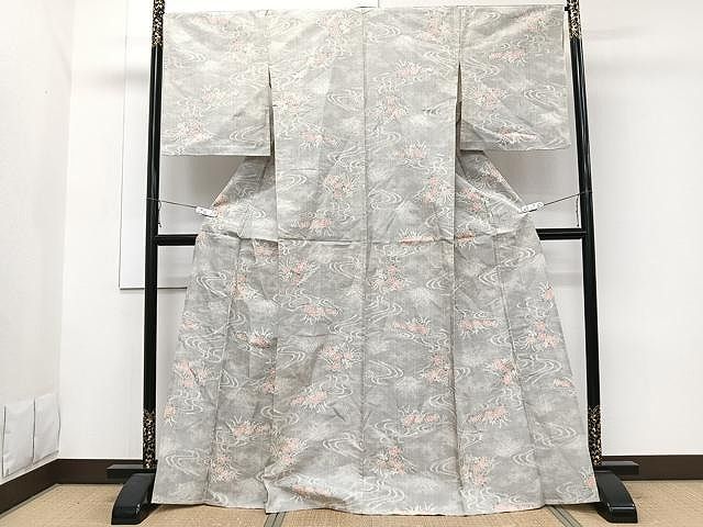 平和屋着物▽上質な紬 単衣 草花文 正絹 逸品 CAAW1390xi