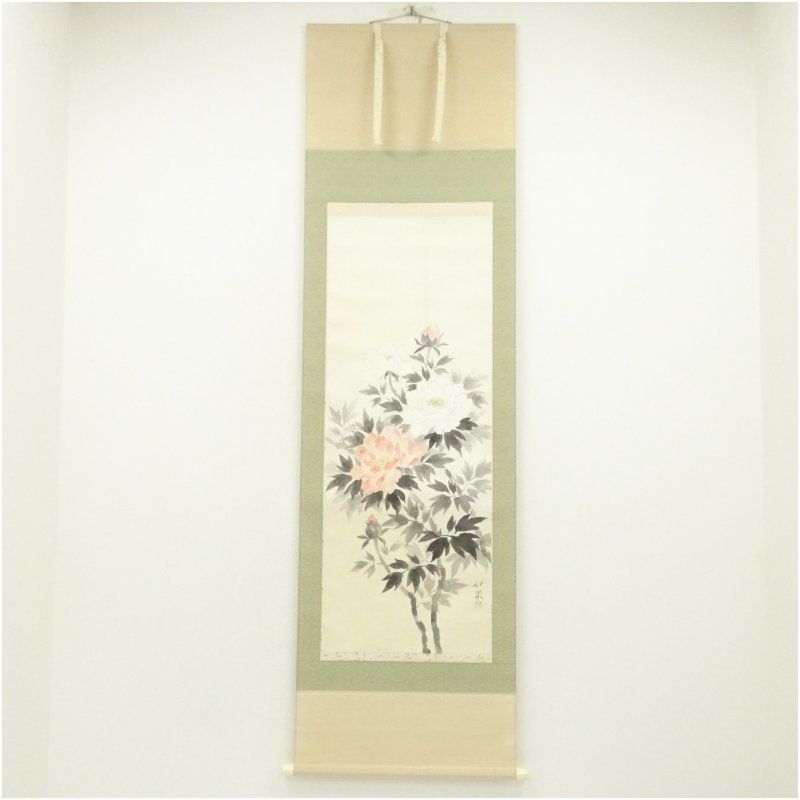 速水如泉筆 牡丹 肉筆紙本掛軸 掛け軸 床の間 書 おしゃれ 絵画 表具 芸術 茶道 年中掛け インテリア 茶掛 掛物 和室