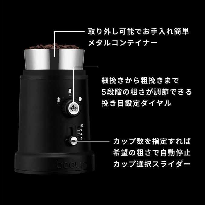 BODUM ボダム コーヒーミル 電動ミル BISTRO ビストロ 電動式コーヒーグラインダー ブラック カッター刃 挽きムラ防止 静電気防止 静音  挽き目調節 【正規品】 12041-01JP - メルカリ