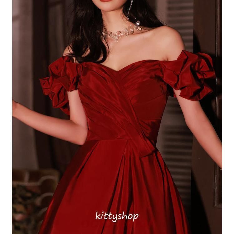 Amazon | [Patypeety] イブニングドレス ワイン赤 オフショルダー サテン ドレス 結婚式ドレス 二次会ドレス ゲストドレス  リボンオシャレ 発表会ドレス 演奏会ドレス ロングドレス ワインレッド パーティードレス Aライン (ワイン赤,XS) | フォーマルドレス 通販