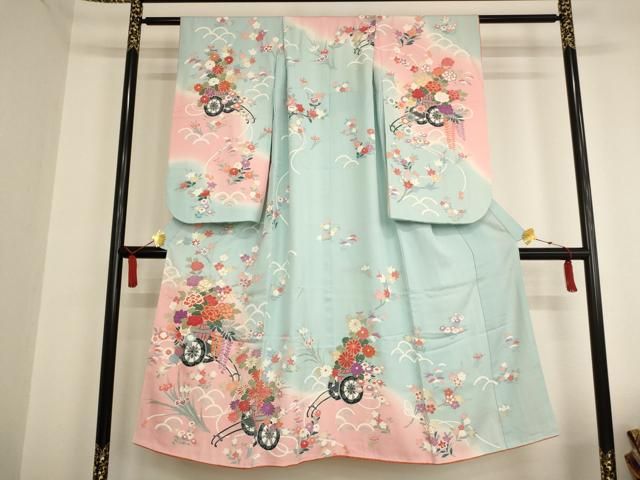 平和屋着物[]七五三 女の子 ７歳 祝着 四つ身 駒刺繍 花車文 暈し染め 金彩 正絹 逸品 AAAU5352ja