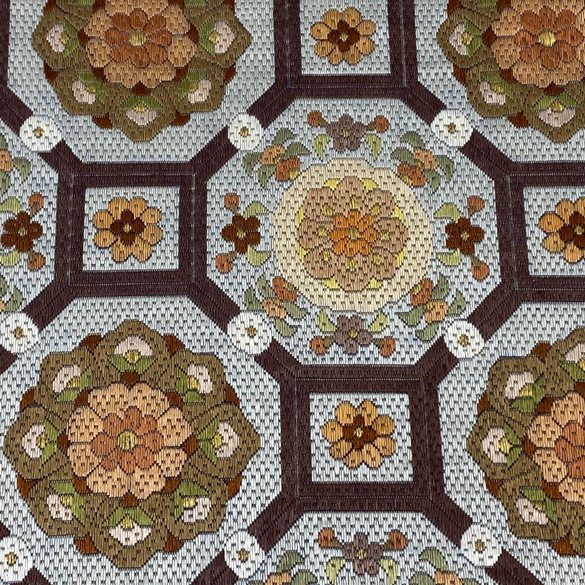 袋帯 逸品 蜀江華文 刺繍 金糸 青灰色 全通 正絹 【中古