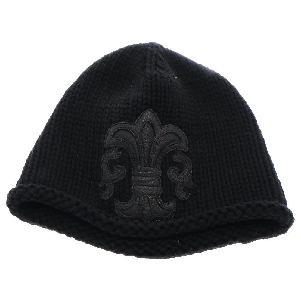CHROME HEARTS クロムハーツ BS FLARE BEANIE BSフ ビーニー レザーパッチ BSフ ボタン ニットキャップ ブラック|シルバー
