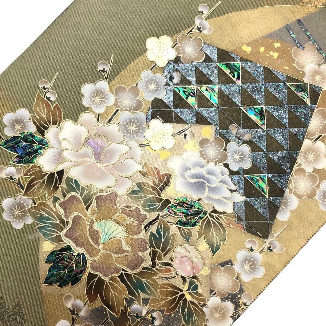 絹＋金糸 グレー系 段暈し織×立涌 六通柄 袋帯