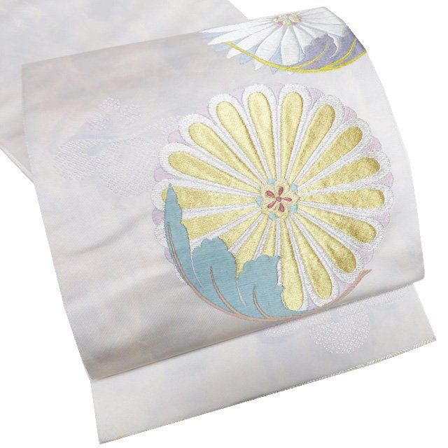 袋帯 中古 正絹 六通 菊と松模様 箔糸 灰白色 多色 金銀 A1193