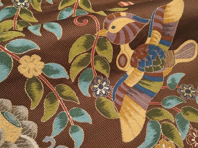 平和屋本店□極上 西陣 白綾苑大庭 六通柄袋帯 唐織 花喰鳥 金糸 逸品