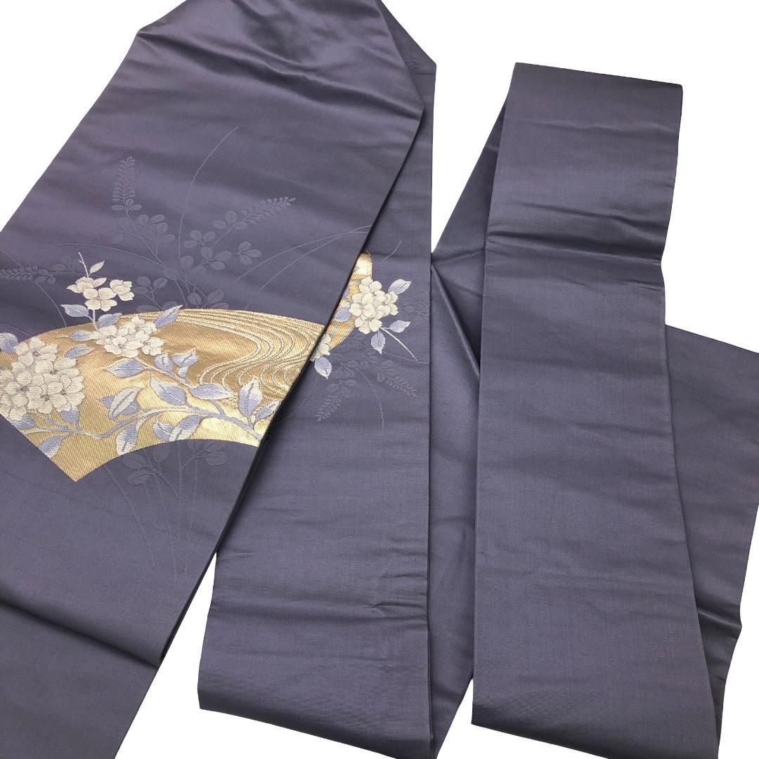 名古屋帯 地紙に花模様 紫鼠色 金銀糸 O-5405 名古屋帯 地紙に花模様 紫鼠色 金銀糸 O-5405 - メルカリ