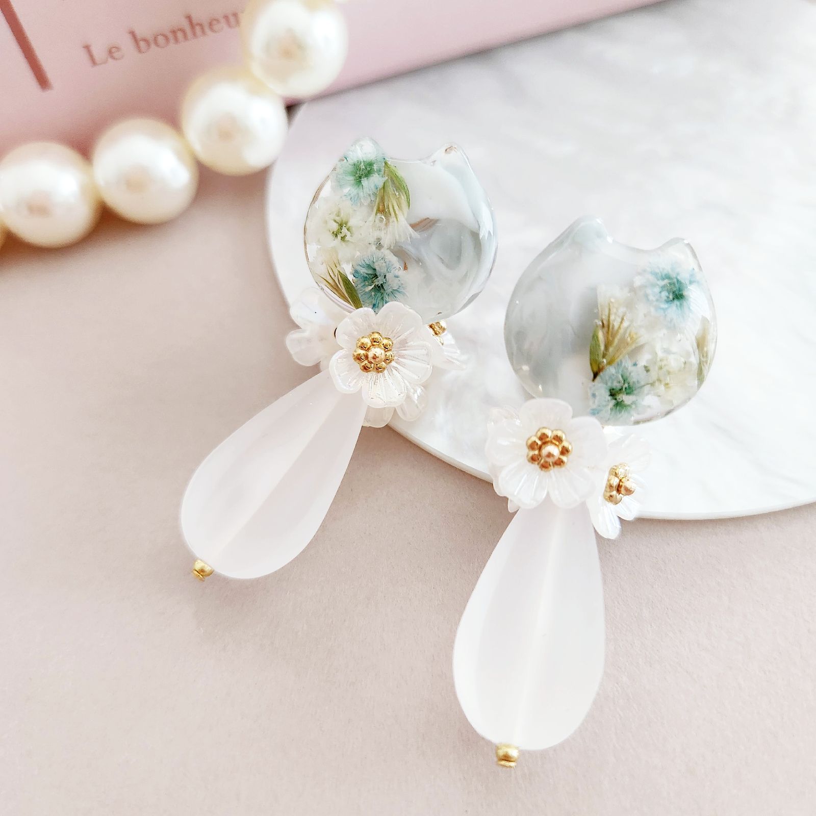 out ローズ 花びら かすみ草 ノンホールピアス ハンドメイド 賄え 